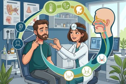ENT doctor examining a patient in a medical office