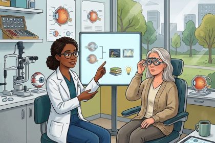 A woman undergoing an eye examination.